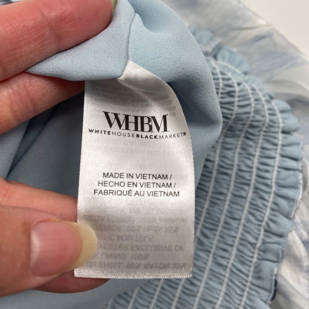 White House Black Market Blue Floral Silk Burnout Smocked Blouse Womens XS - Picture 8 of 9